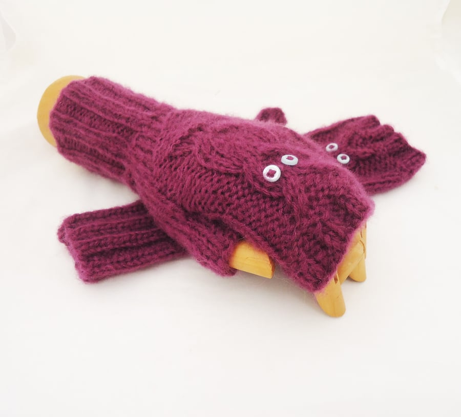Owl Fingerless Mittens, Hand Knitted Owl Mittens, Women Owl Mittens