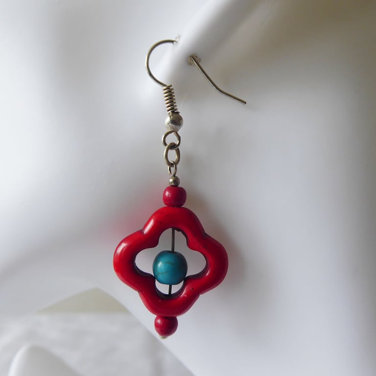 Dyed Turquoise Flower Earrings Red