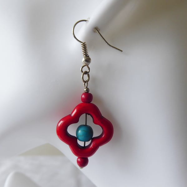 Dyed Turquoise Flower Earrings Red