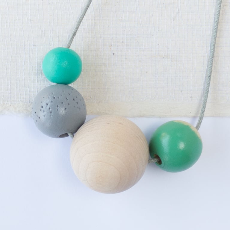 Penny - Turquoise, blue-green, light grey, wooden bead handmade necklace 