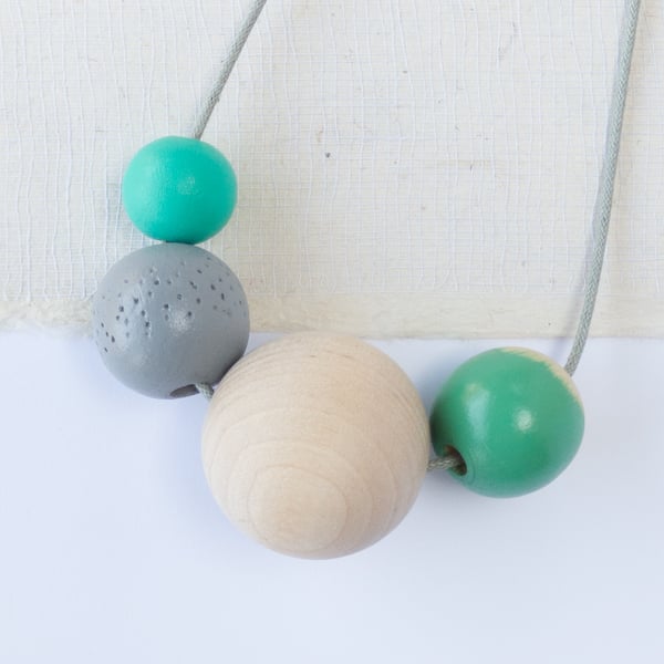 Penny - Turquoise, blue-green, light grey, wooden bead handmade necklace 