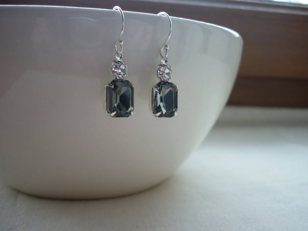BLACK DIAMOND AND CRYSTAL OCTAGON RHINESTONE EARRINGS.  1092