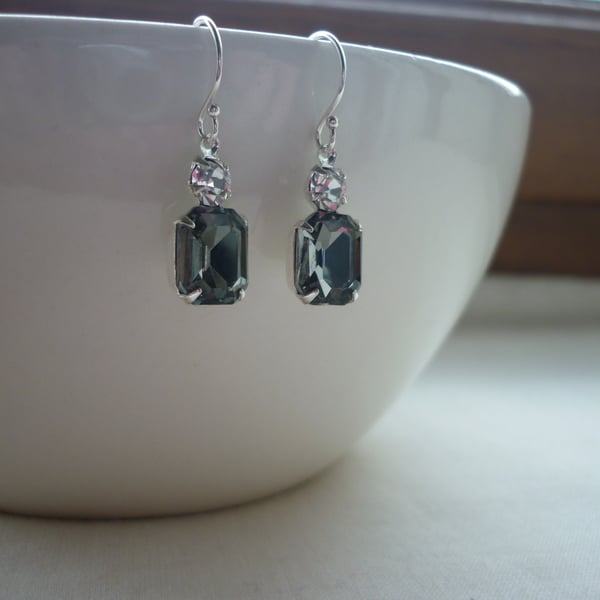 BLACK DIAMOND AND CRYSTAL OCTAGON RHINESTONE EARRINGS.  1092