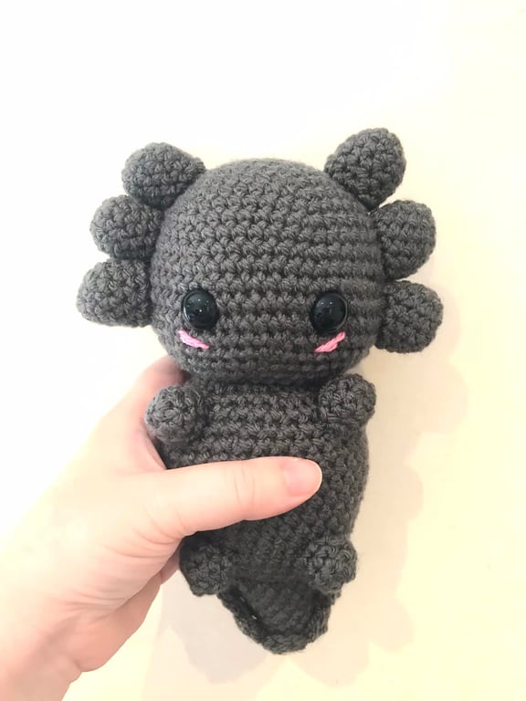 Spud the grey axolotl plush toy, amigurumi stuffie 