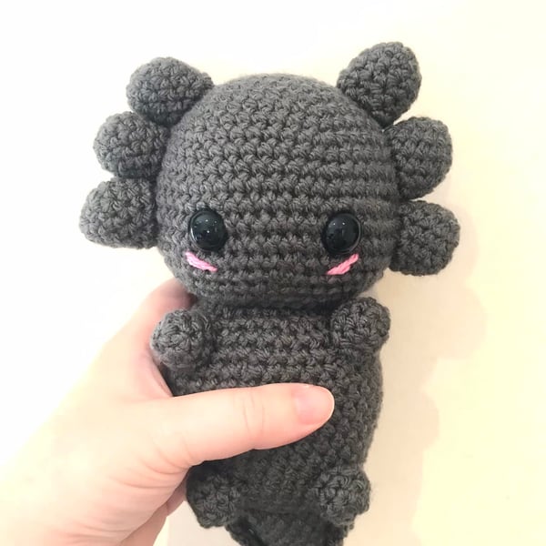 Spud the grey axolotl plush toy, amigurumi stuffie 