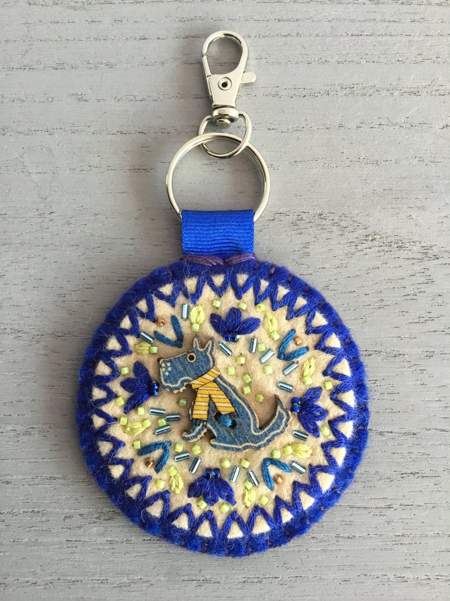 Hand Embroidered Blue Dog Keyring or Bag Charm 