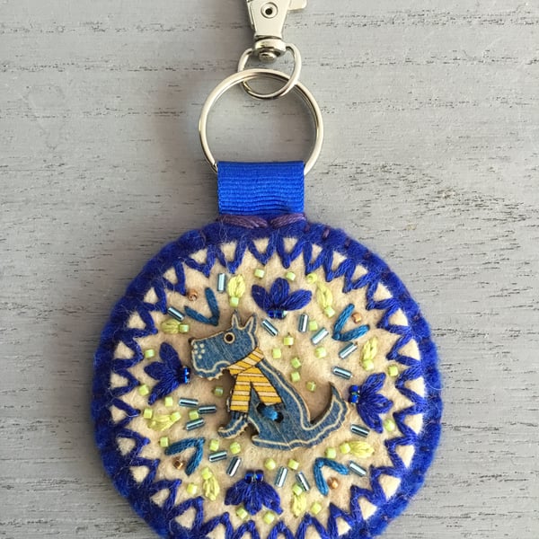 Hand Embroidered Blue Dog Keyring or Bag Charm 