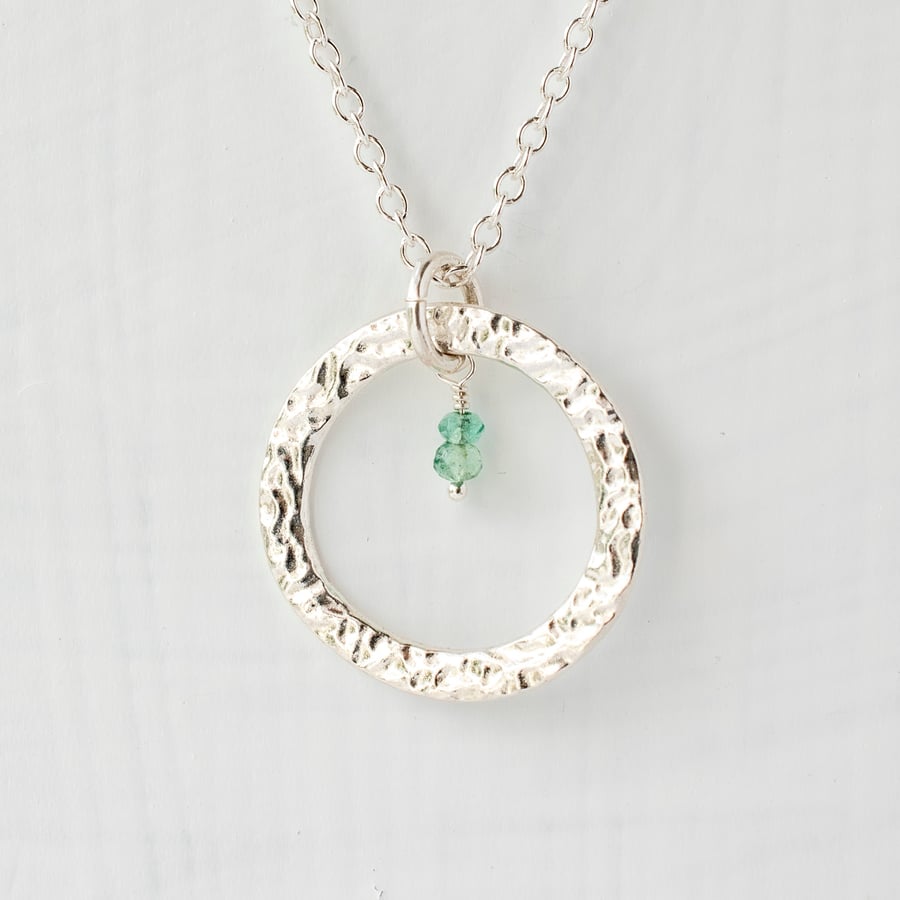 Emerald with Large Fine Silver Circle Pendant Necklace