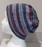 Handknit Beanie Hat 100% MERINO Stripey jacquard in purples, pastels & red Med - Image 2