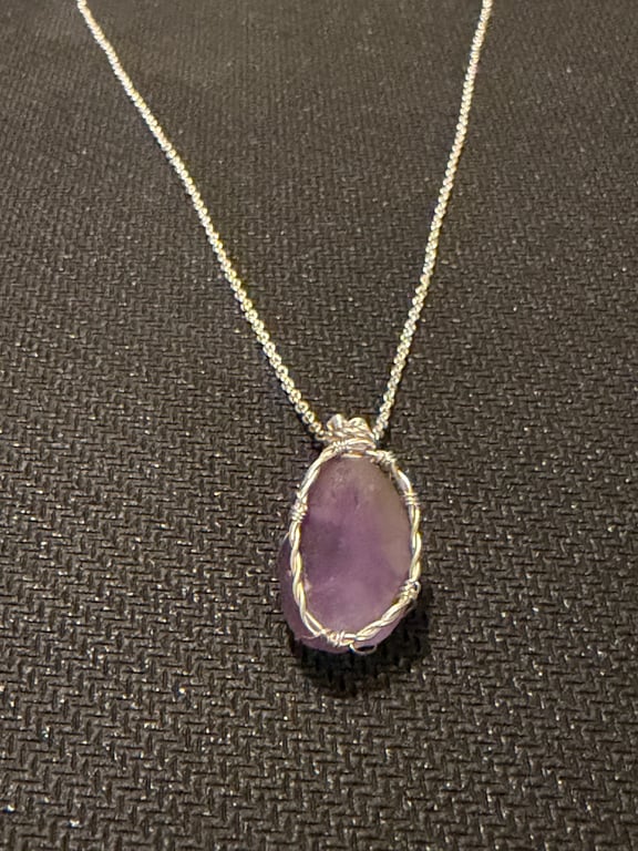 Scottish Purple & White Sea Glass Pendant – Handmade Wire Wrapped Necklace