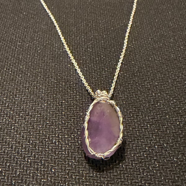 Scottish Purple & White Sea Glass Pendant – Handmade Wire Wrapped Necklace