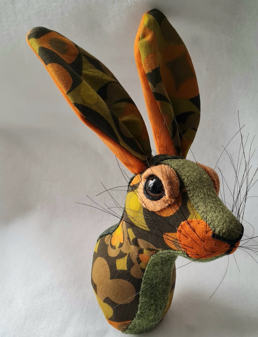Faux hare head wall mount in vintage 1967 Heal's f abric - Honey