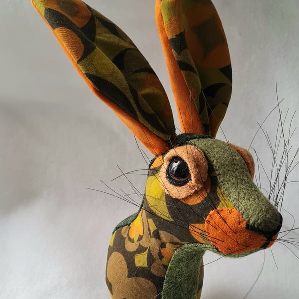 Faux hare head wall mount in vintage 1967 Heal's f abric - Honey