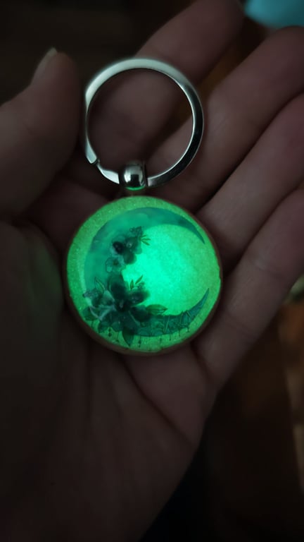 Glow In The Dark Moon Keychain: Amethyst Flower Resin Handmade