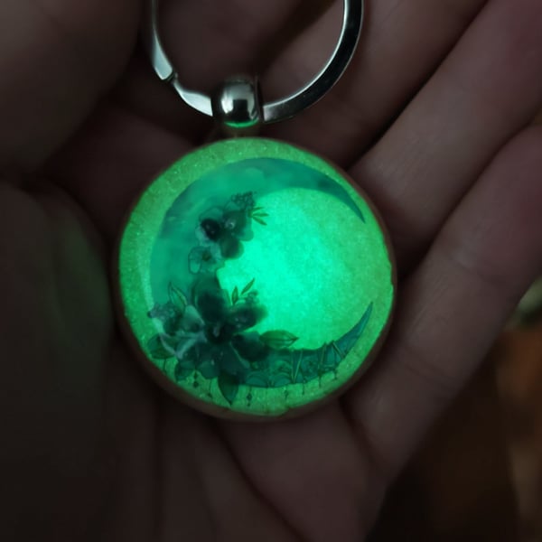 Glow In The Dark Moon Keychain: Amethyst Flower Resin Handmade