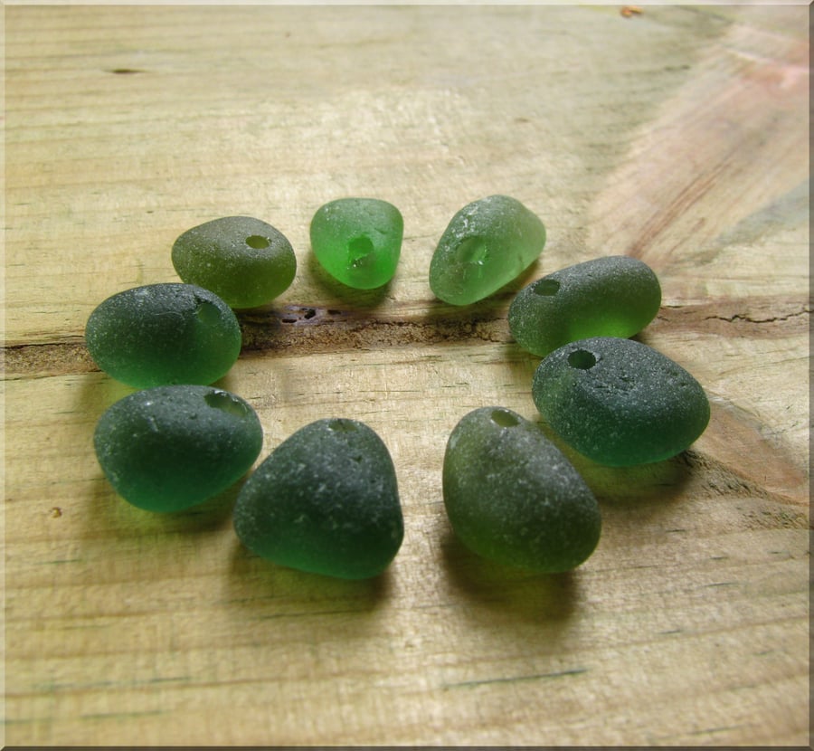 9 Natural sea glass beads, top drilled ,chunkies, supplies (10)