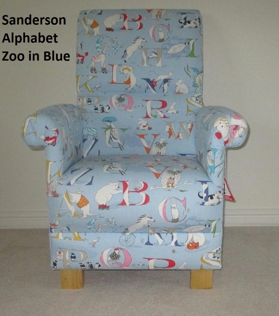 Sanderson Alphabet Zoo Fabric Adult Chair Blue Animals ABC Nursery Bears Giraffe