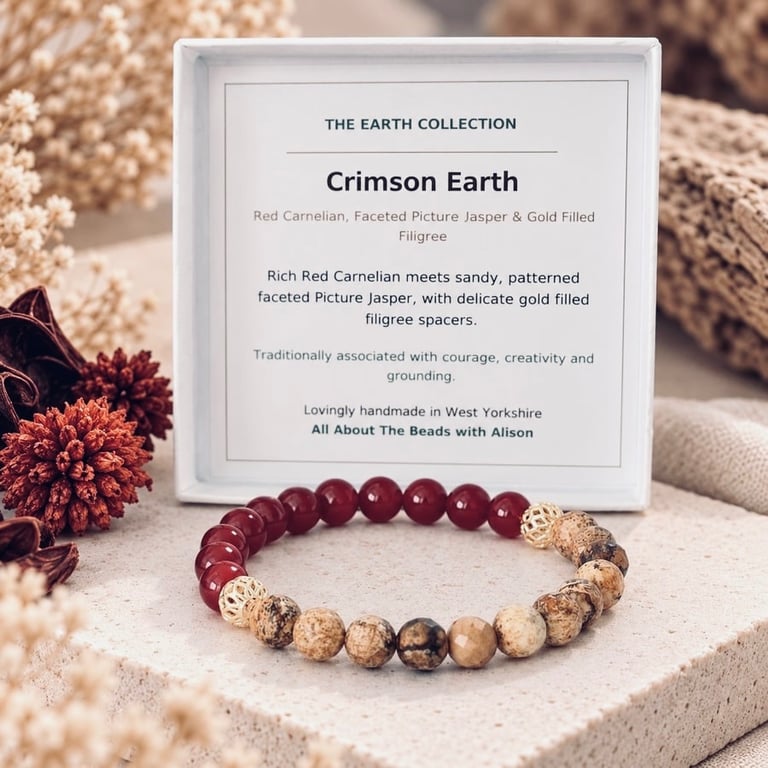 Crimson Earth – Red Carnelian & Faceted Picture Jasper Gemstone Stretch Bracelet