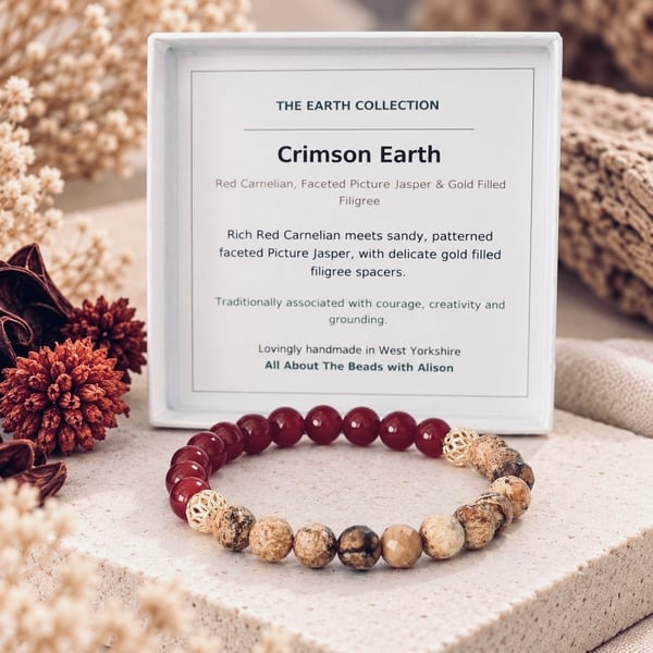 Crimson Earth – Red Carnelian & Faceted Picture Jasper Gemstone Stretch Bracelet