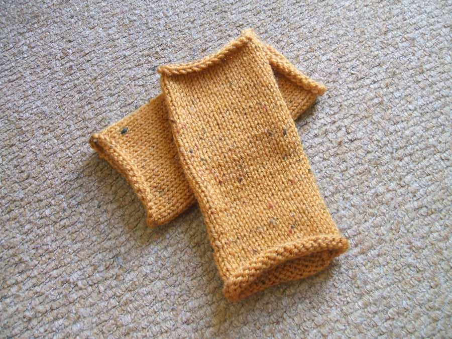 hand knitted wrist warmers, fingerless mittens - dark yellow,mustard