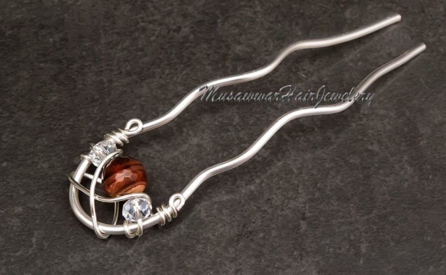 Silver Hair fork, Red Tiger Eye Hair fork, Hair Stick, Hair bun slide