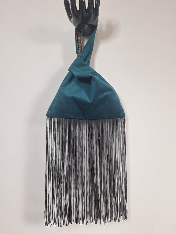 Teal Velvet Japanese knot bag with tassel fringe, geometric patterned lining 