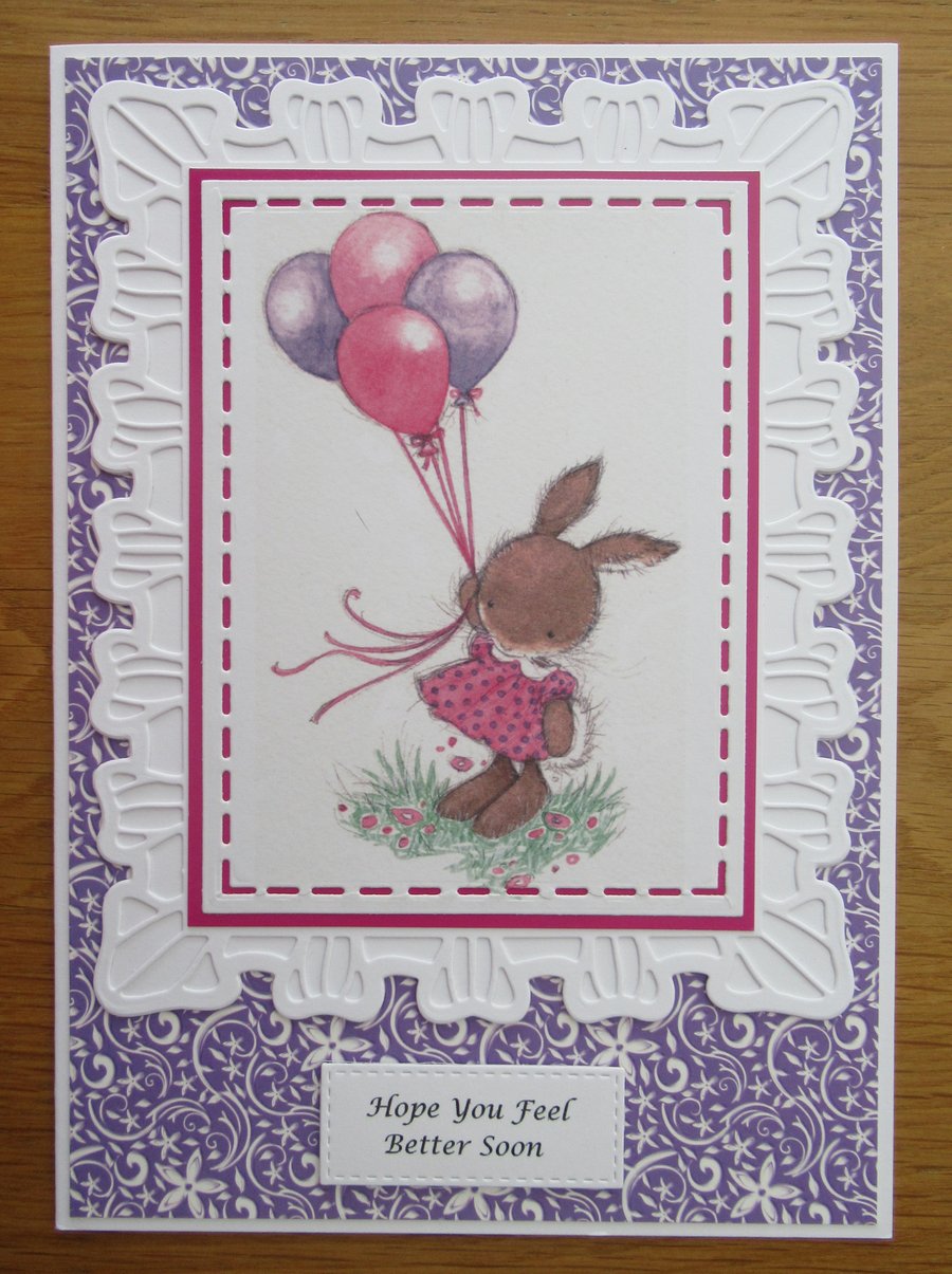 A5 Bunny Rabbit Holding Balloons - Get Well Soon Card