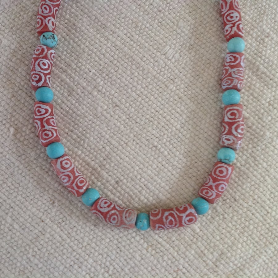 Pink and white African recycled bottle beads necklace with amazonite beads