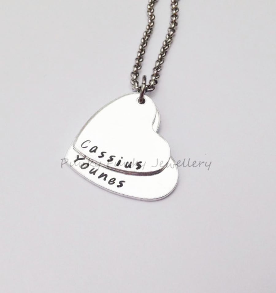 Personalised Two Heart Necklace - Custom Mothers Gift - Stacked Heart Pendant