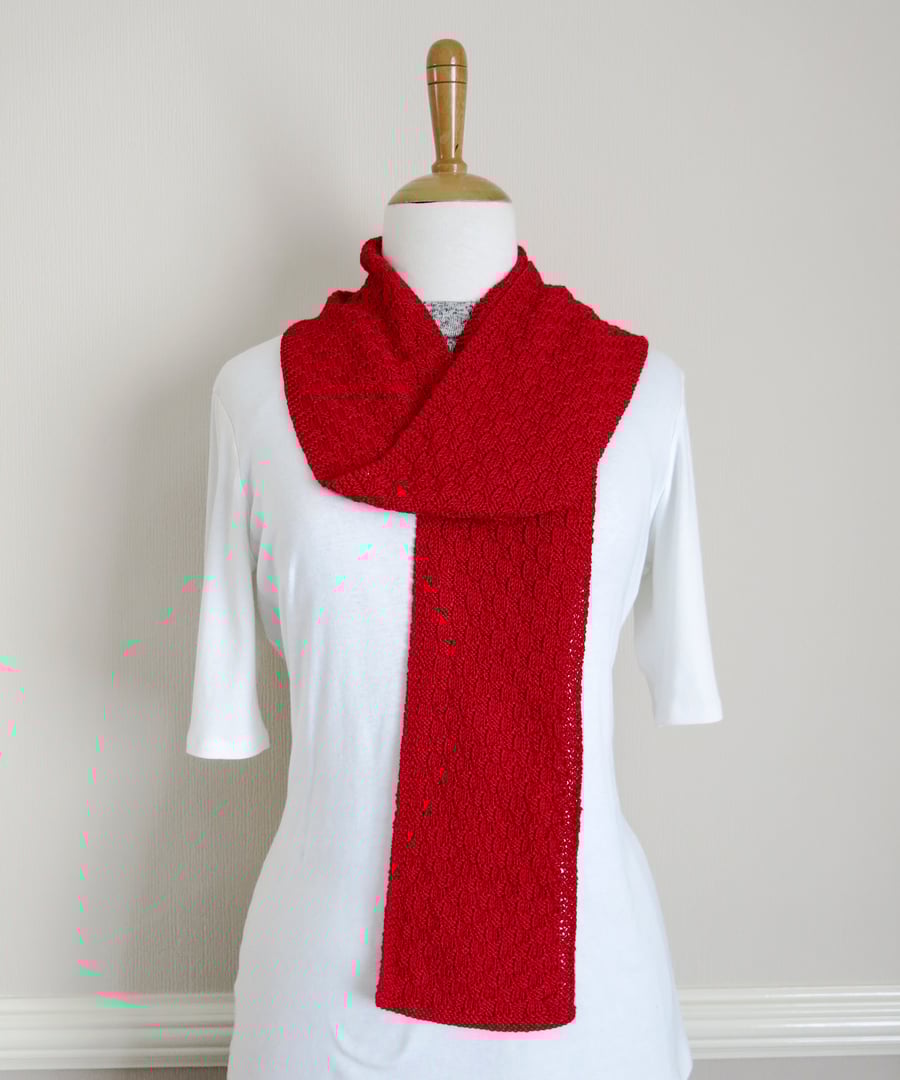 Hand Knit Scarf. Poppy Red.