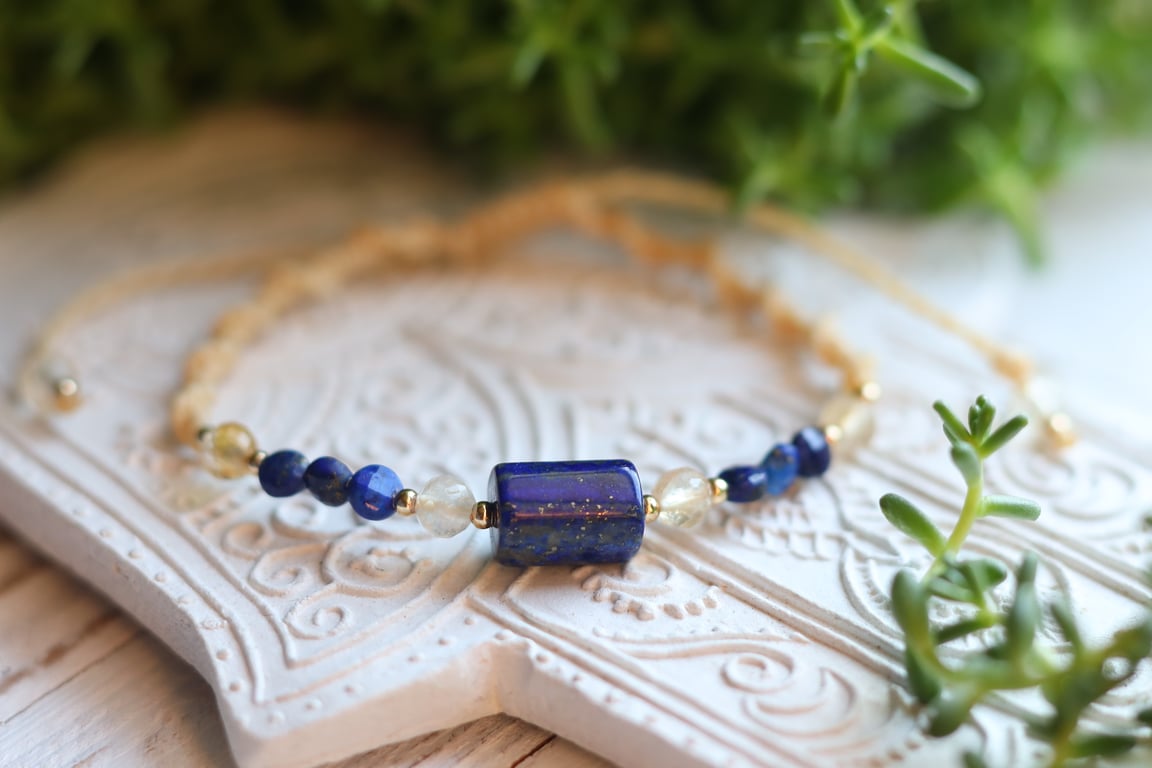 Lapis and Citrine Macrame Bracelet Handmade Natural Gemstone Bracelet