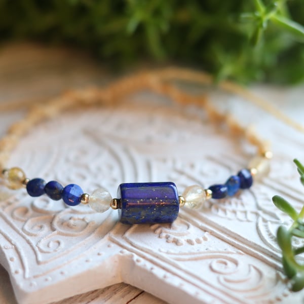 Lapis and Citrine Macrame Bracelet Handmade Natural Gemstone Bracelet