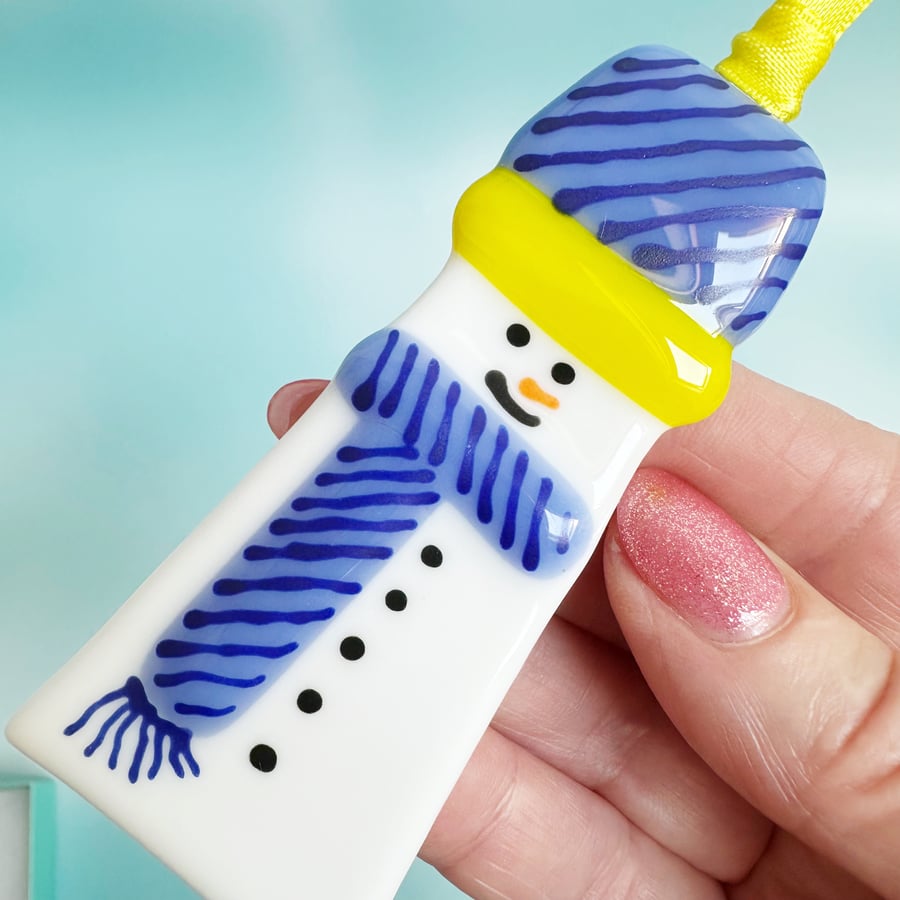 Fused Glass Snowman Tree Decoration - Blue