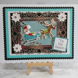 Handmade Christmas Card Tis the Season Santa Rudolph and Snowflakes
