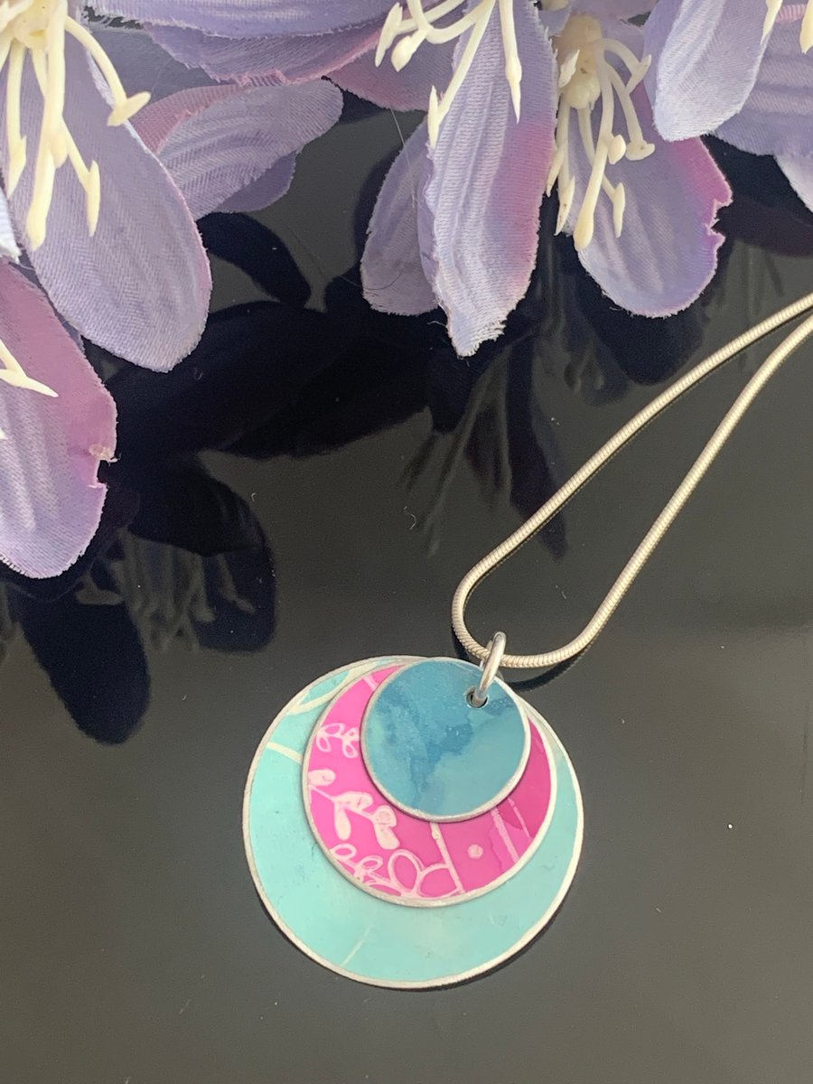Hand painted aluminium pendant- duck egg, teal and purple