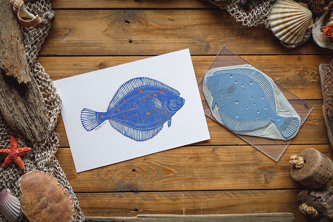The flounder - original linocut print - A4