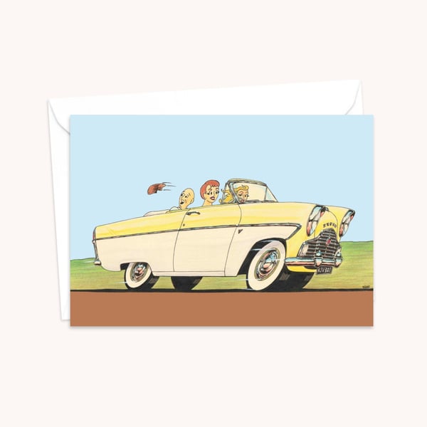 Classic Car Greeting Card: Hand Drawn Cartoon Illustration (313)