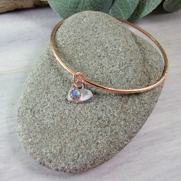 Copper Bangle. Bracelet with Silver, Copper and Lapis Lazuli Heart Charm. Medium