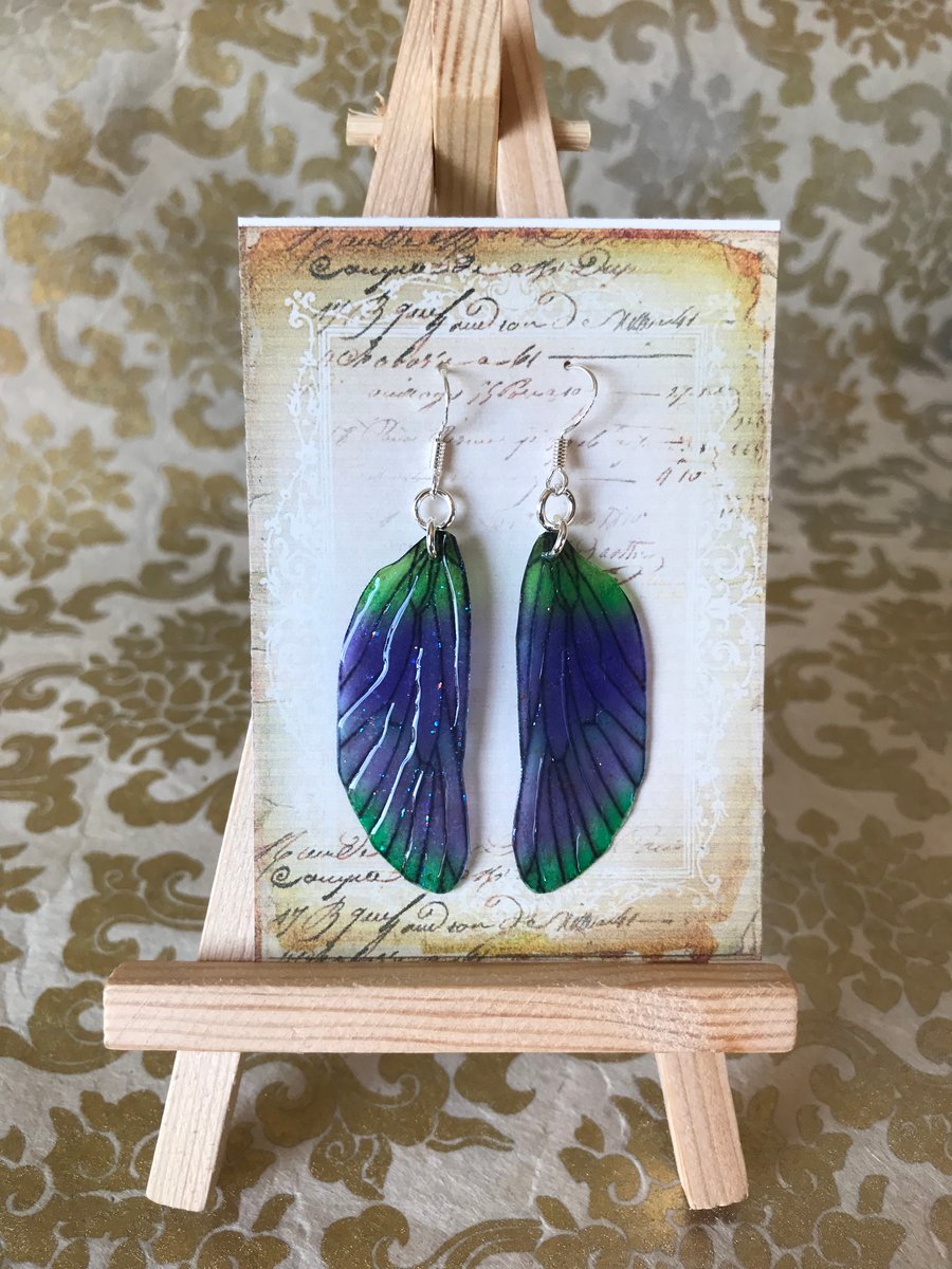 Purple and Green Glitter Fairy Wing Sterling Silver Earrings