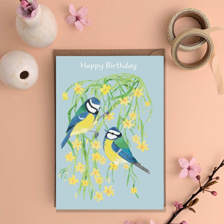 Happy Birthday card garden bird card blue tit and blossoms