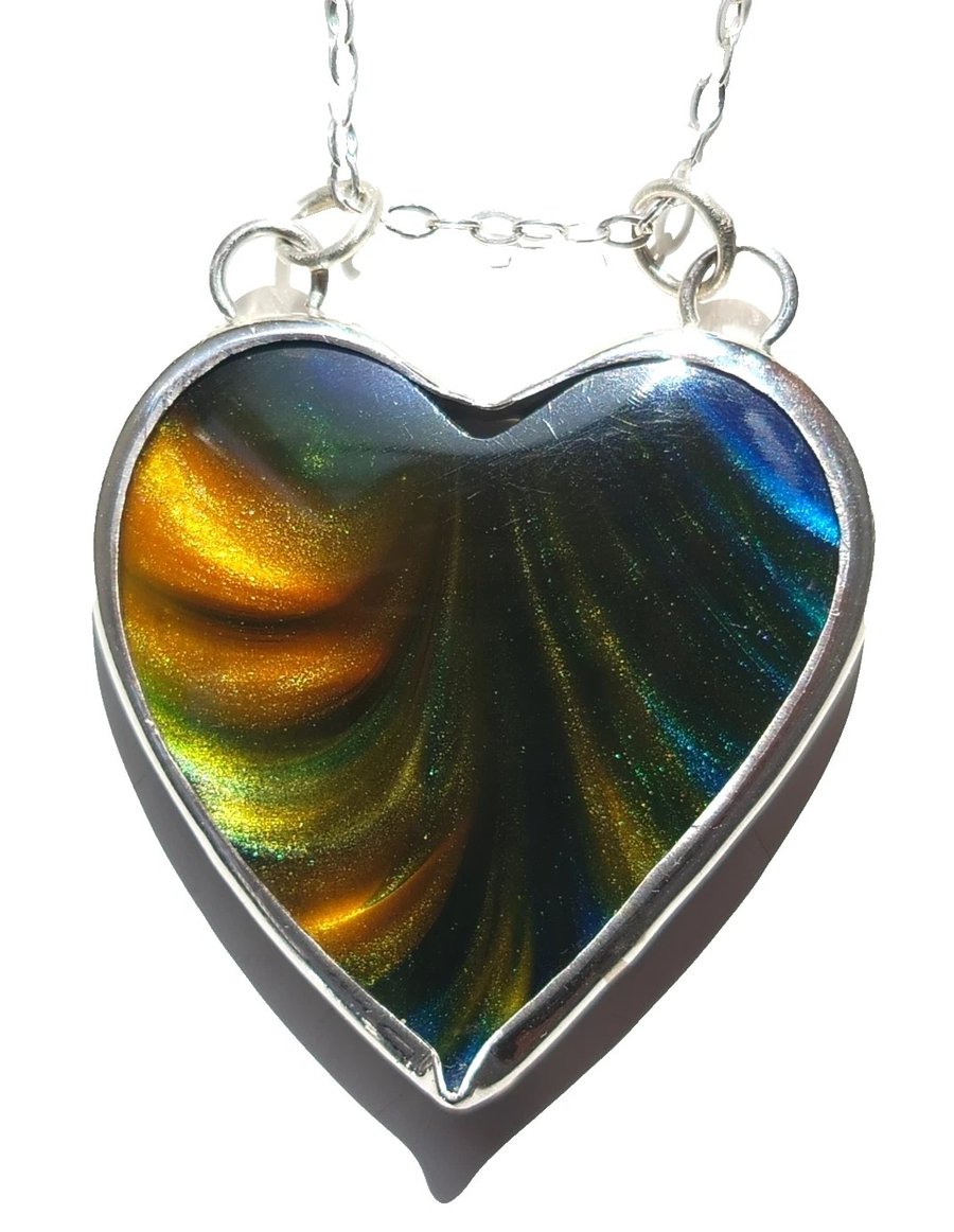 Surfite Heart Necklace Sterling Silver Blue & Yellow Pearlescent Handmade