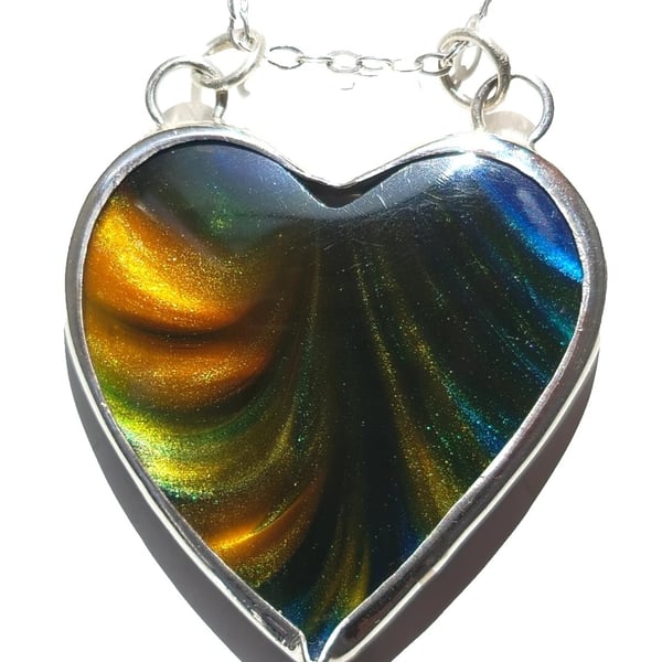 Surfite Heart Necklace Sterling Silver Blue & Yellow Pearlescent Handmade
