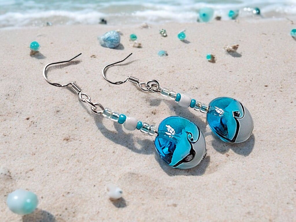 Beautiful wave earrings, lampwork earrings. One off design. Sterling silver earw