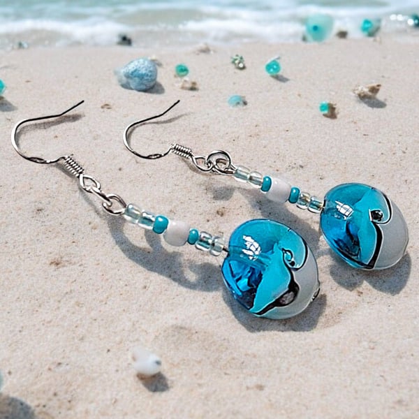 Beautiful wave earrings, lampwork earrings. One off design. Sterling silver earw