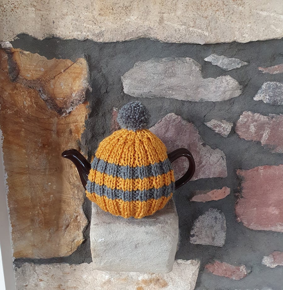 Small Tea Cosy for 2 Cup Tea Pot, Golden Yellow & Grey Stripes, Hand Knitted
