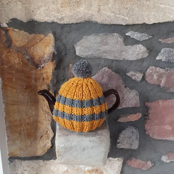 Small Tea Cosy for 2 Cup Tea Pot, Golden Yellow & Grey Stripes, Hand Knitted