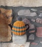 Small Tea Cosy for 2 Cup Tea Pot, Golden Yellow & Grey Stripes, Hand Knitted