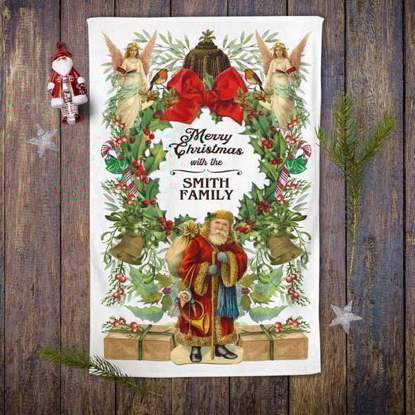 Victorian Christmas Personalised Tea Towel - 100% cotton Christmas Kitchen Gift
