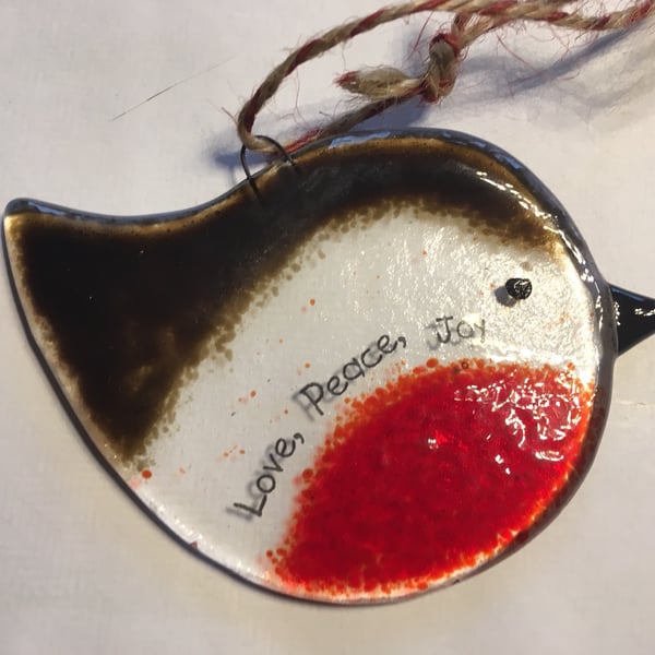 Handmade Fused Glass Love, Peace, Joy Robin Christmas Decoration