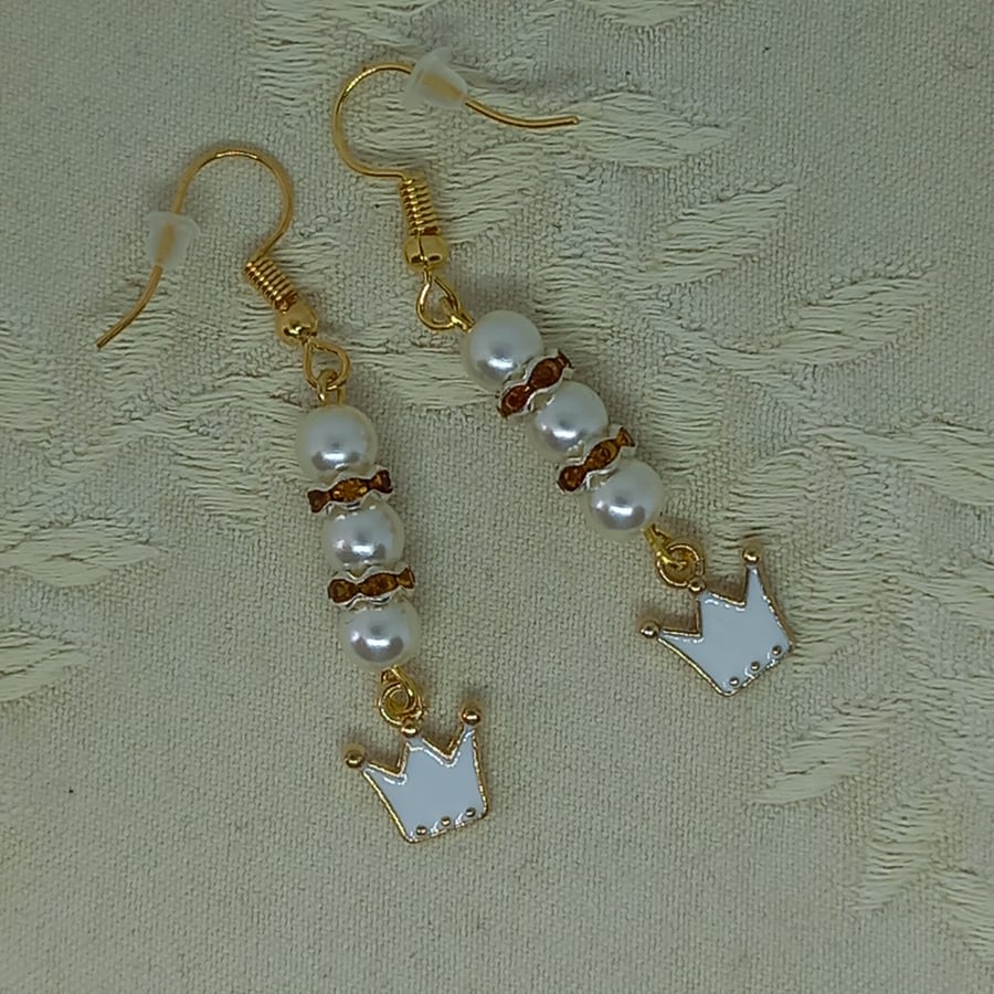 Pearl and Crown Earrings (Gold Spacers)